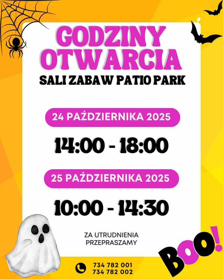 Drodzy Rodzice, w piątek oraz sobotę Sala Zabaw Patio Park będzie czynna w nieco skróconych god…