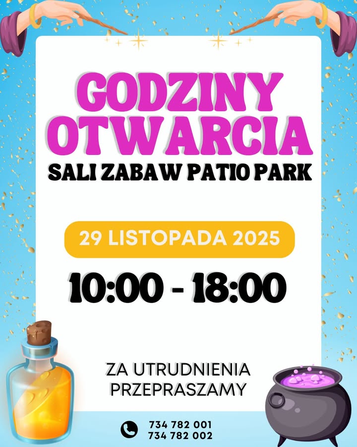 Drodzy Rodzice, w sobotę Sala Zabaw Patio Park będzie czynna w nieco skróconych godzinach 🕐
