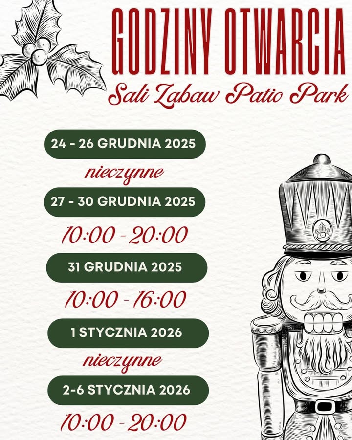 Drodzy Rodzice i Mali Goście, w okresie świątecznym nasza Sala Zabaw Patio Park będzie czynna w…