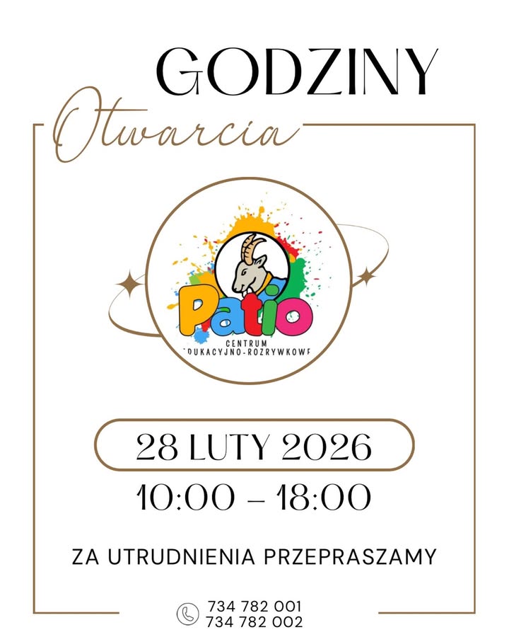 Drodzy Rodzice, w sobotę Sala Zabaw Patio Park będzie czynna w nieco skróconych godzinach ⏰